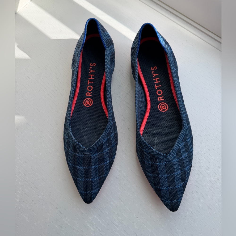 Rothy's The Point Indigo Gimgham Plaid Ballet Flats Shoes Woman’s Size 9.5 W